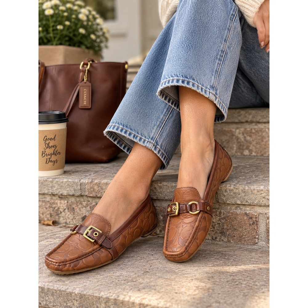 Coach Stacie Signature C Leather Loafers Brown Buckle Driving Moc Shoes 7.5M